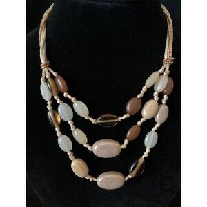 Liz Claiborne LC Toggle Beaded Multi Strand Necklace Neutral Tan Cream Brown Vtg
